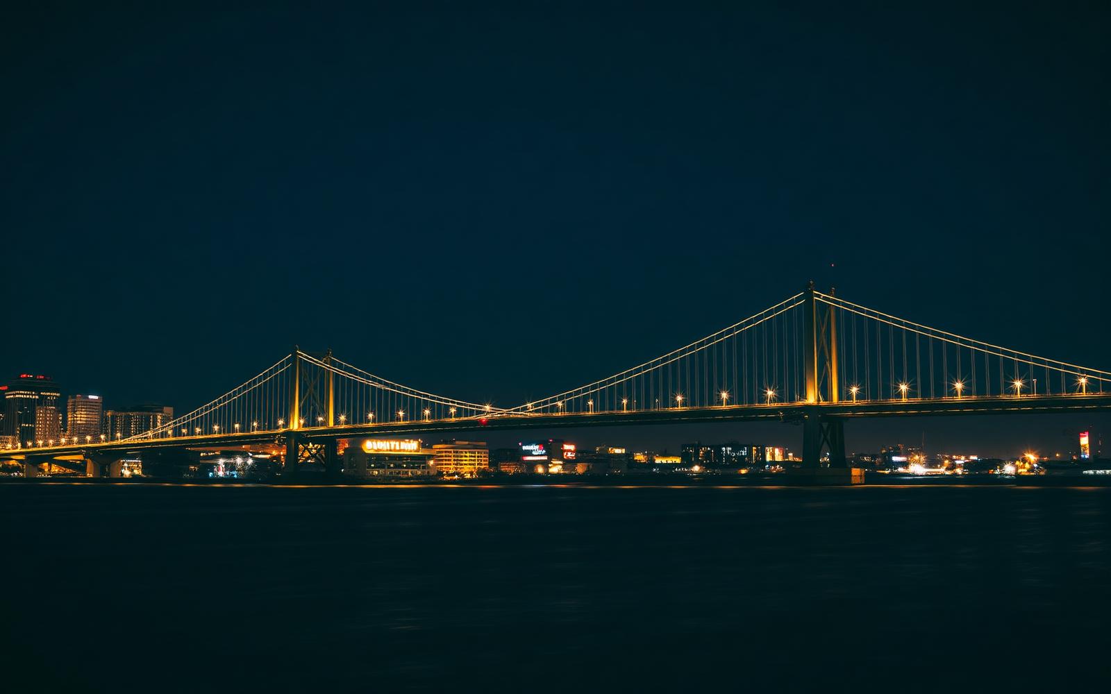 Ambassador Bridge illuminated at night over the Detroit River