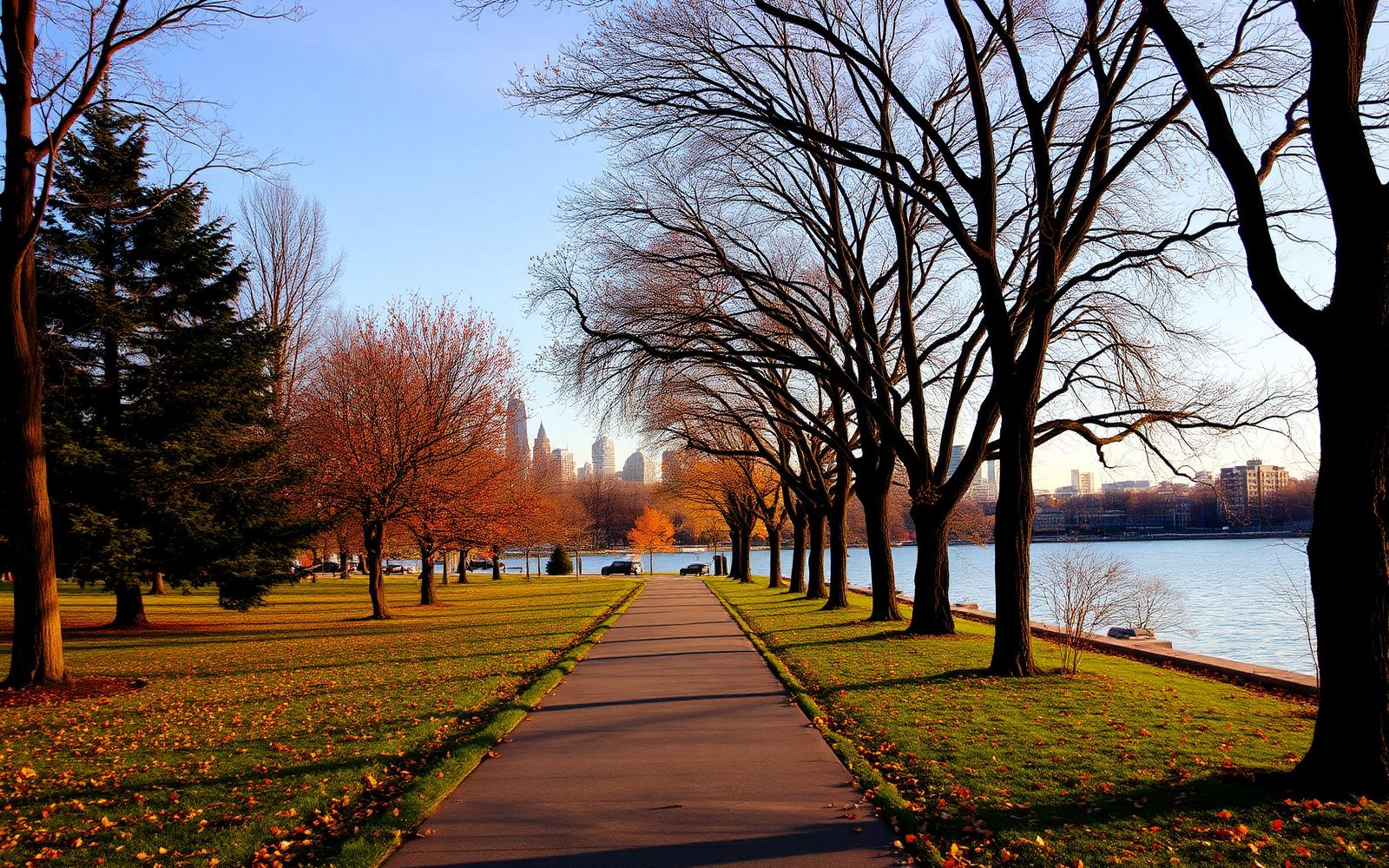 Belle Isle park path with Detroit skyline in autumn