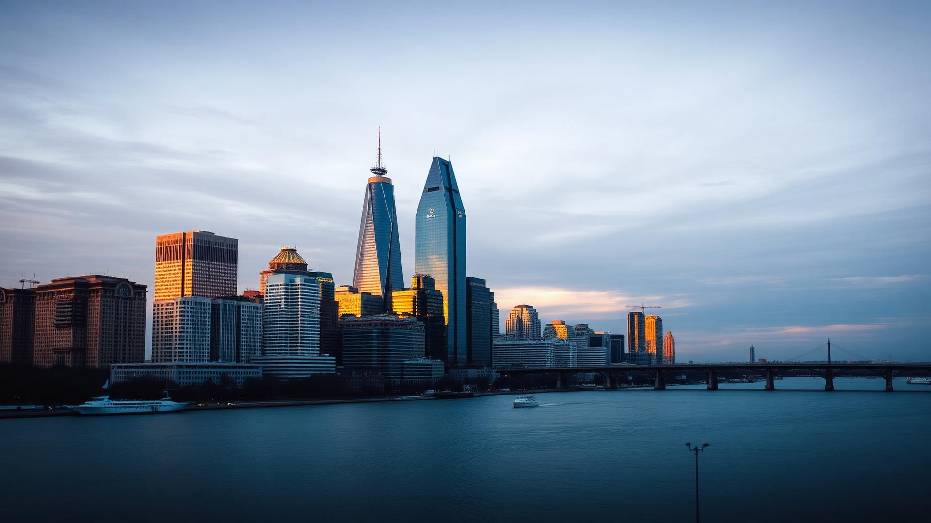 Detroit Michigan skyline at golden hour along the Detroit River